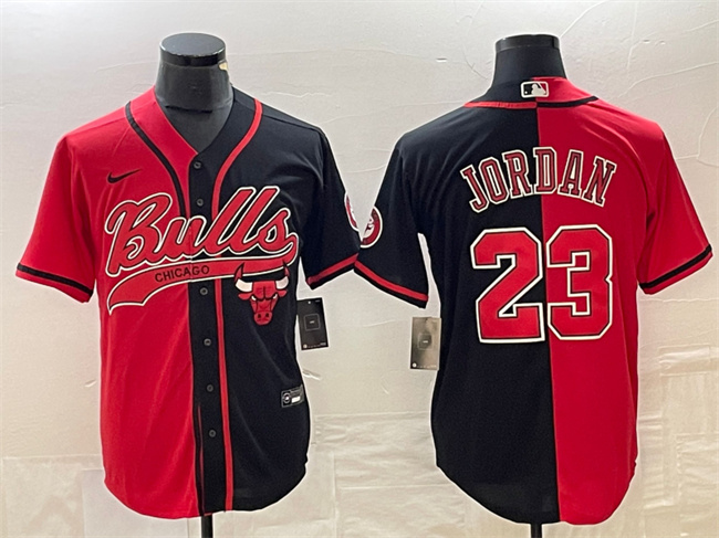 Personalized Men’s Chicago Bulls #23 Michael Jordan Red Black Split Cool Base Stitched Baseball Jersey