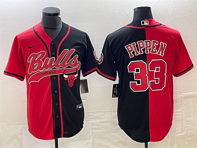 Personalized Men’s Chicago Bulls #33 Scottie Pippen Red Black Split Cool Base Stitched Baseball Jersey