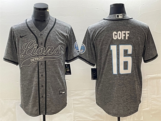 Personalized Men’s Detroit Lions #16 Jared Goff Grey Cool Base Stitched Baseball Jersey