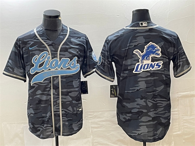 Personalized Men’s Detroit Lions Grey Camo Team Big Logo Cool Base Stitched Baseball Jersey