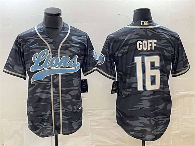 Personalized Men’s Detroit Lions #16 Jared Goff Grey Camo Cool Base Stitched Baseball Jersey