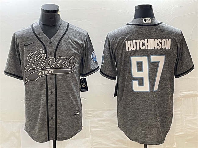 Personalized Men’s Detroit Lions #97 Aidan Hutchinson Grey Cool Base Stitched Baseball Jersey