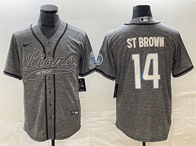 Personalized Men’s Detroit Lions #14 Amon-Ra St. Brown Grey Cool Base Stitched Baseball Jersey