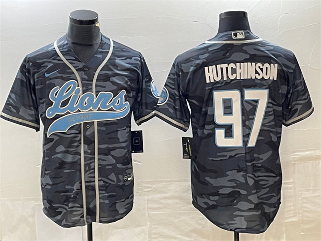 Personalized Men’s Detroit Lions #97 Aidan Hutchinson Grey Camo Cool Base Stitched Baseball Jersey