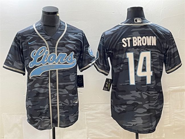 Personalized Men’s Detroit Lions #14 Amon-Ra St. Brown Grey Camo Cool Base Stitched Baseball Jersey