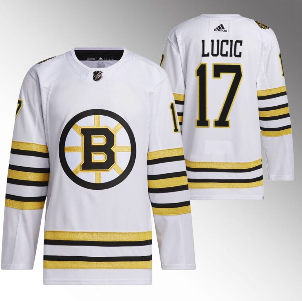 Personalized Men’s Boston Bruins #17 Milan Lucic White 100th Anniversary Stitched Jersey