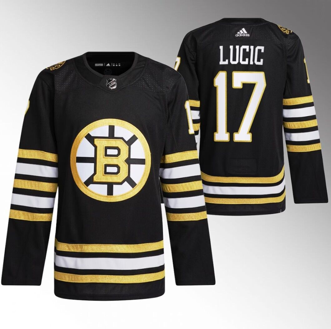 Personalized Men’s Boston Bruins #17 Milan Lucic Black With Rapid7 Patch 100th Anniversary Stitched Jersey