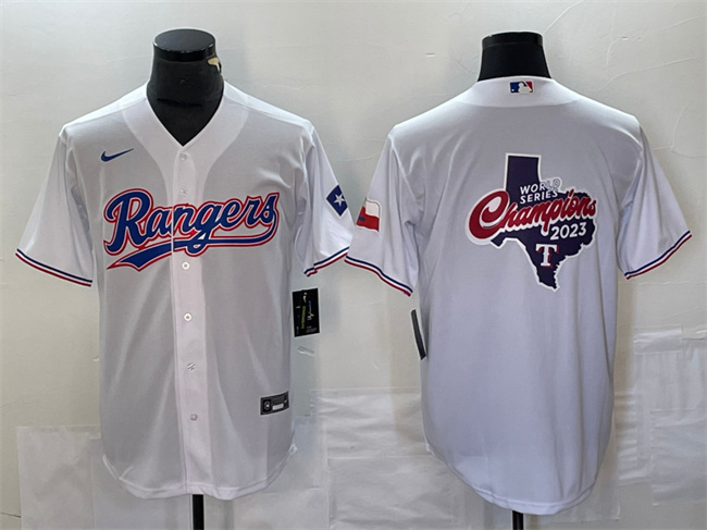 Personalized Men’s Texas Rangers White 2023 World Series Champions Big Logo With Patch Cool Base Stitched Baseball Jersey