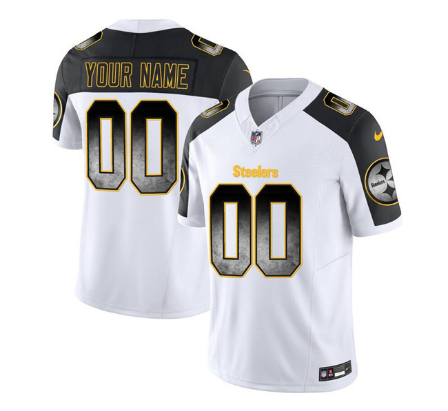 Personalized Men’s Pittsburgh Steelers Active Player White Black 2023 F.U.S.E. Smoke Untouchable Limited Stitched Jersey
