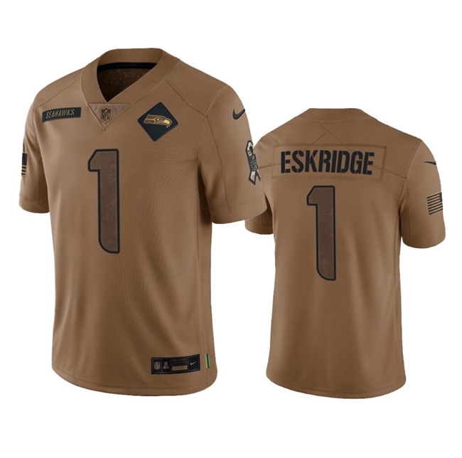 Personalized Men’s Seattle Seahawks #1 Dee Eskridge 2023 Brown Salute To Service Limited Stitched Football Jersey