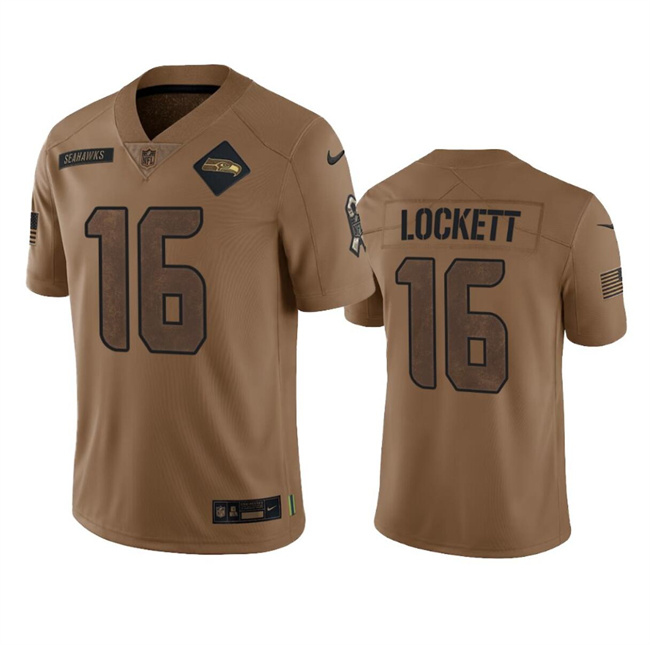 Personalized Men’s Seattle Seahawks #16 Tyler Lockett 2023 Brown Salute To Service Limited Stitched Football Jersey