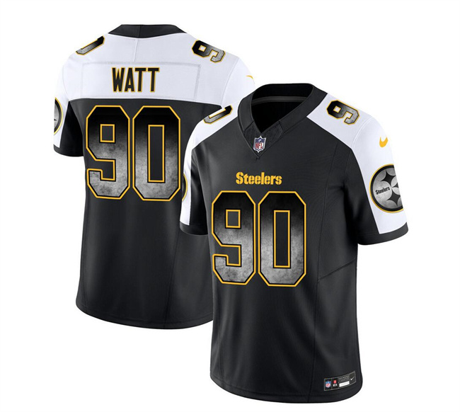 Personalized Men’s Pittsburgh Steelers #90 T.J. Watt Black White 2023 F.U.S.E. Smoke Untouchable Limited Stitched Jersey