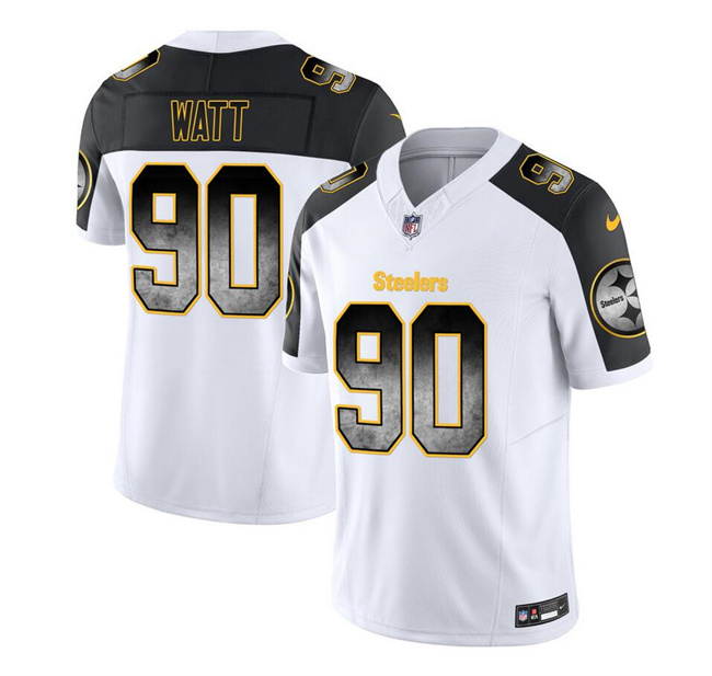Personalized Men’s Pittsburgh Steelers #90 T.J. Watt White Black 2023 F.U.S.E. Smoke Untouchable Limited Stitched Jersey