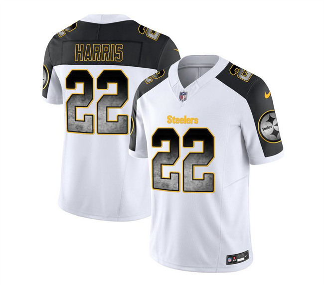 Personalized Men’s Pittsburgh Steelers #22 Najee Harris White Black 2023 F.U.S.E. Smoke Untouchable Limited Stitched Jersey
