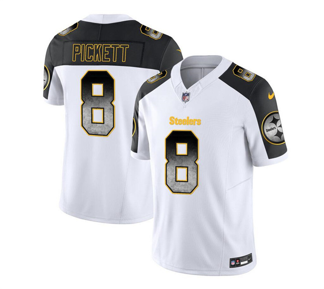 Personalized Men’s Pittsburgh Steelers #8 Kenny Pickett White Black 2023 F.U.S.E. Smoke Untouchable Limited Stitched Jersey