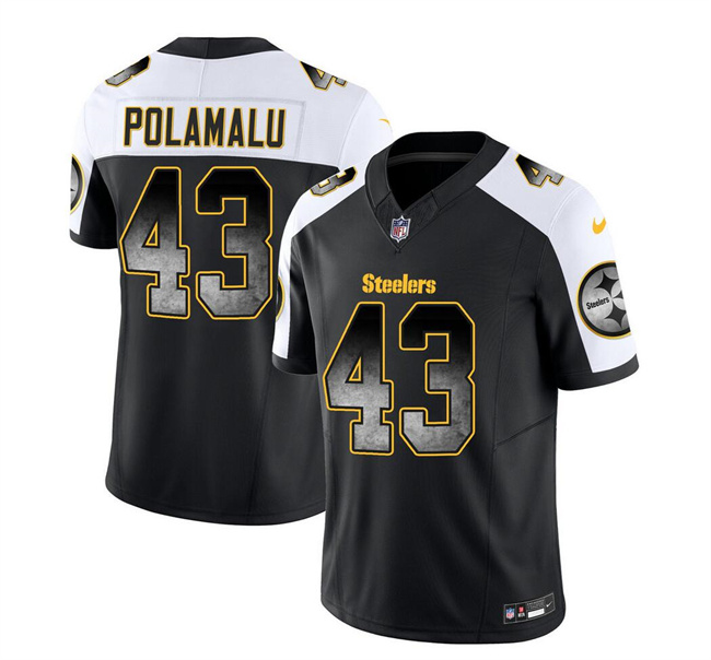 Personalized Men’s Pittsburgh Steelers #43 Troy Polamalu Black White 2023 F.U.S.E. Smoke Untouchable Limited Stitched Jersey