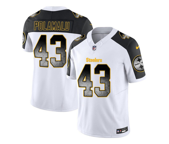 Personalized Men’s Pittsburgh Steelers #43 Troy Polamalu White Black 2023 F.U.S.E. Smoke Untouchable Limited Stitched Jersey