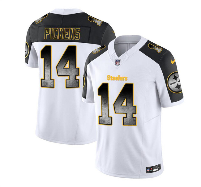 Personalized Men’s Pittsburgh Steelers #14 George Pickens White Black 2023 F.U.S.E. Smoke Untouchable Limited Stitched Jersey