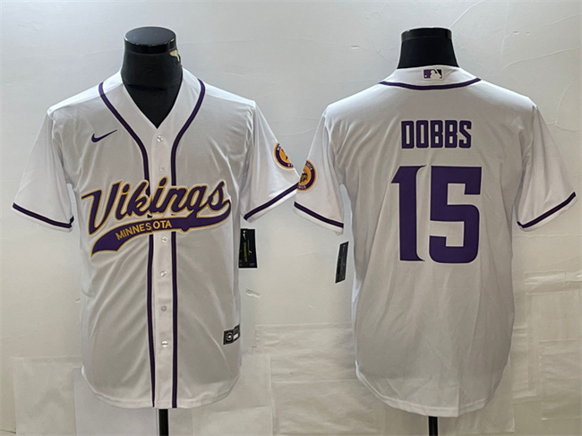 Personalized Men’s Minnesota Vikings #15 Josh Dobbs White Cool Base Stitched Baseball Jersey