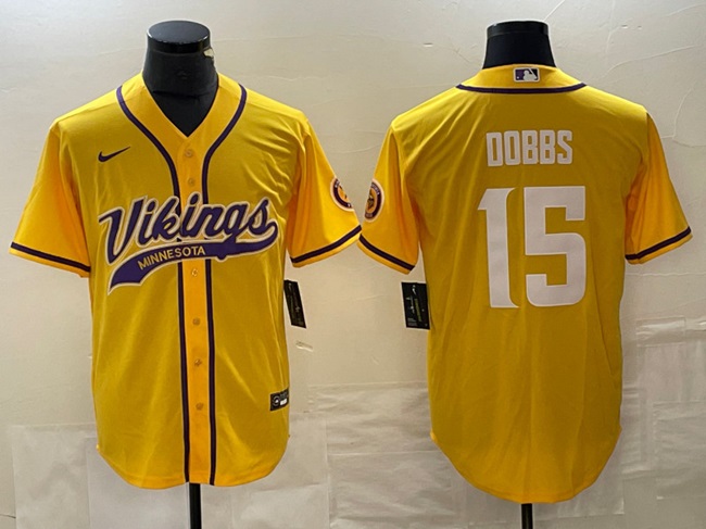Personalized Men’s Minnesota Vikings #15 Josh Dobbs Yellow Cool Base Stitched Baseball Jersey