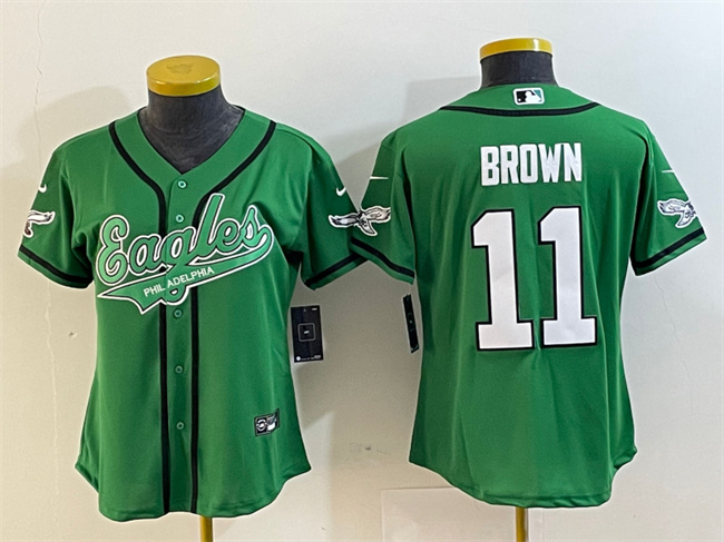 Personalized Women’s Philadelphia Eagles #11 A. J. Brown Green Cool Base Stitched Baseball Jersey(Run Small)
