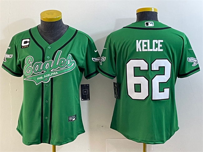 Personalized Women’s Philadelphia Eagles #62 Jason Kelce Green With 4-Star C Patch Cool Base Stitched Baseball Jersey(Run Small)