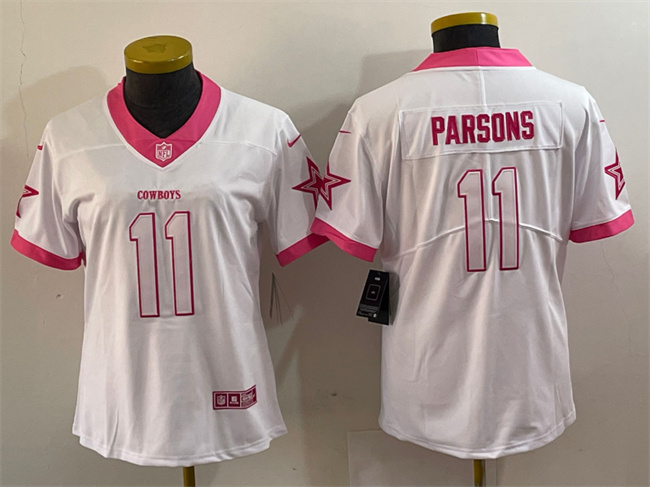 Personalized Women’s Dallas Cowboys #11 Micah Parsons White Pink Untouchable Limited Stitched Jersey(Run Small)