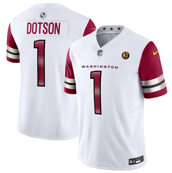 Personalized Men’s Washington Commanders #1 Jahan Dotson White 2023 F.U.S.E. With John Madden Patch Limited Stitched Football Jersey