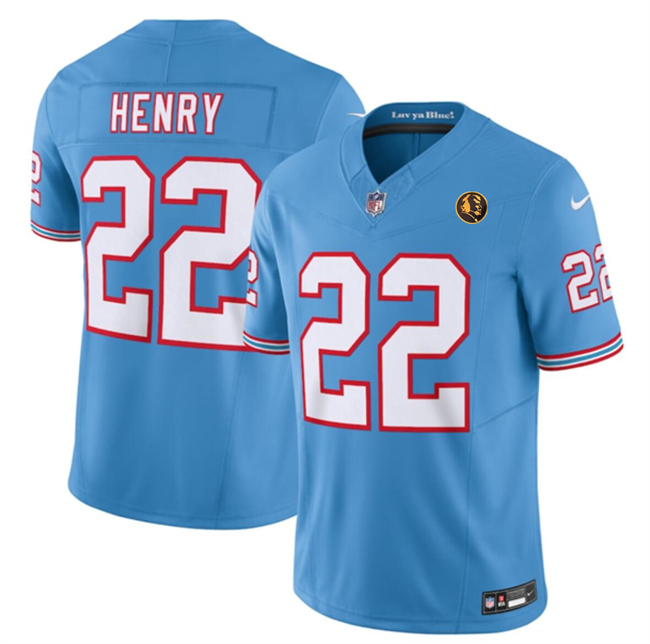 Personalized Men’s Tennessee Titans #22 Derrick Henry Blue 2023 F.U.S.E. Throwback With John Madden Patch Limited Stitched Football Jersey