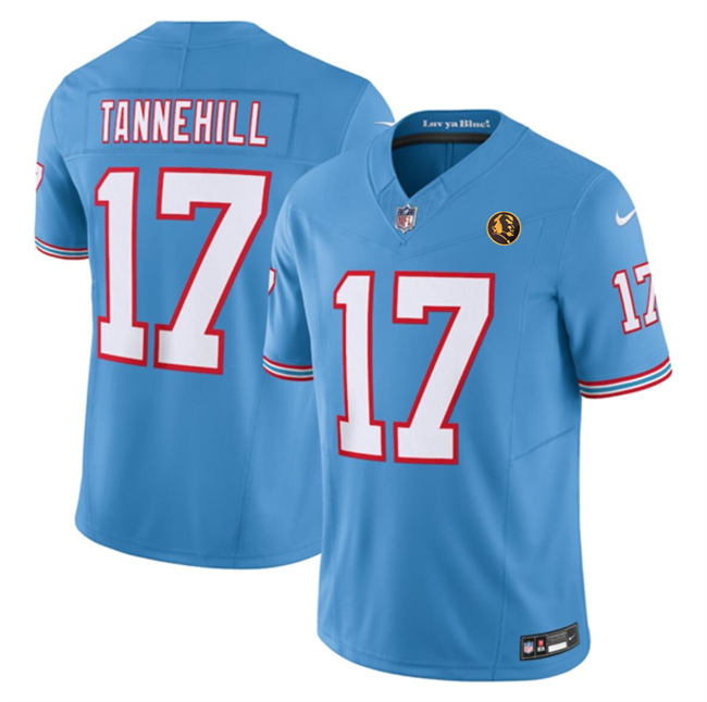 Personalized Men’s Tennessee Titans #17 Ryan Tannehill Blue 2023 F.U.S.E. Throwback With John Madden Patch Limited Stitched Football Jersey