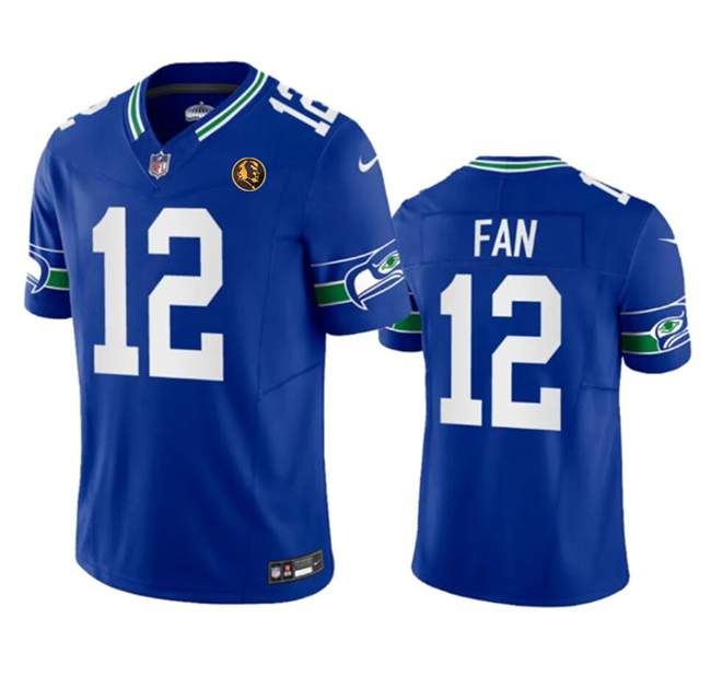 Personalized Men’s Seattle Seahawks #12 Fan Royal 2023 F.U.S.E. Throwback With John Madden Patch Limited Stitched Football Jersey