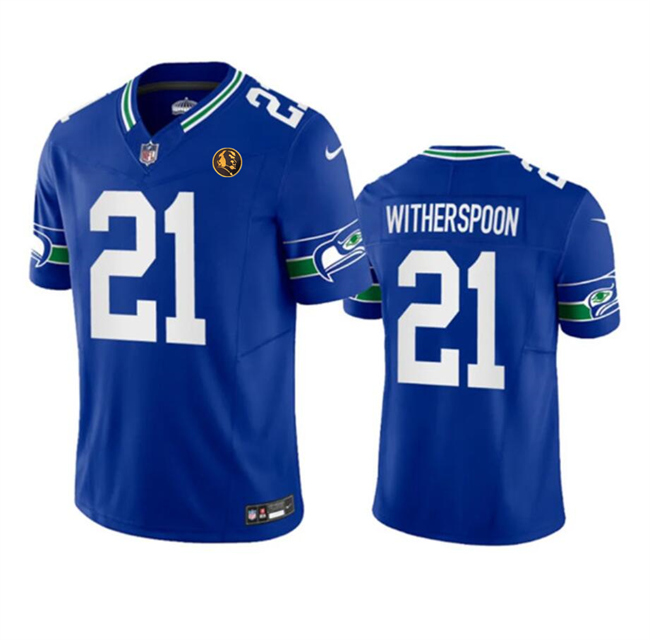 Personalized Men’s Seattle Seahawks #21 Devon Witherspoon Royal 2023 F.U.S.E. Throwback With John Madden Patch Limited Stitched Football Jersey