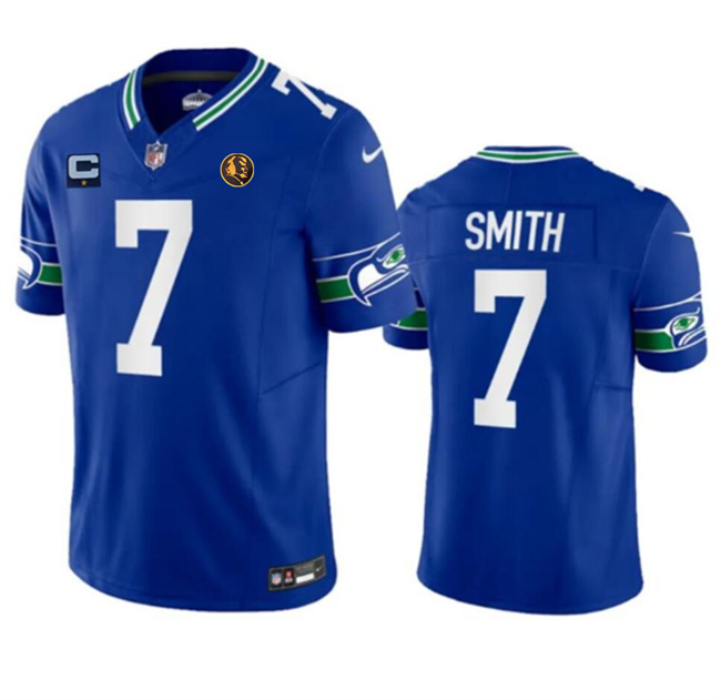 Personalized Men’s Seattle Seahawks #7 Geno Smith Blue 2023 F.U.S.E. Throwback With 1-Star C Patch And John Madden Patch Limited Stitched Football Jersey