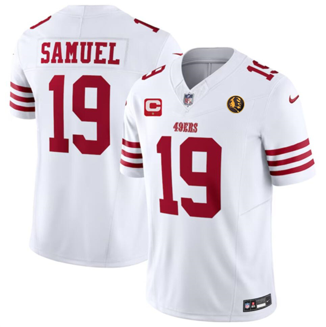 Personalized Men’s San Francisco 49ers #19 Deebo Samuel White 2023 F.U.S.E. With 1-Star C Patch And John Madden Patch Limited Stitched Football Jersey