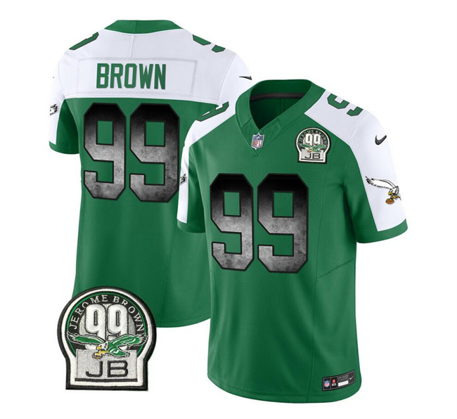 Personalized Men’s Philadelphia Eagles #99 Jerome Brown Green White 2023 F.U.S.E. Throwback Untouchable Limited Stitched Football Jersey