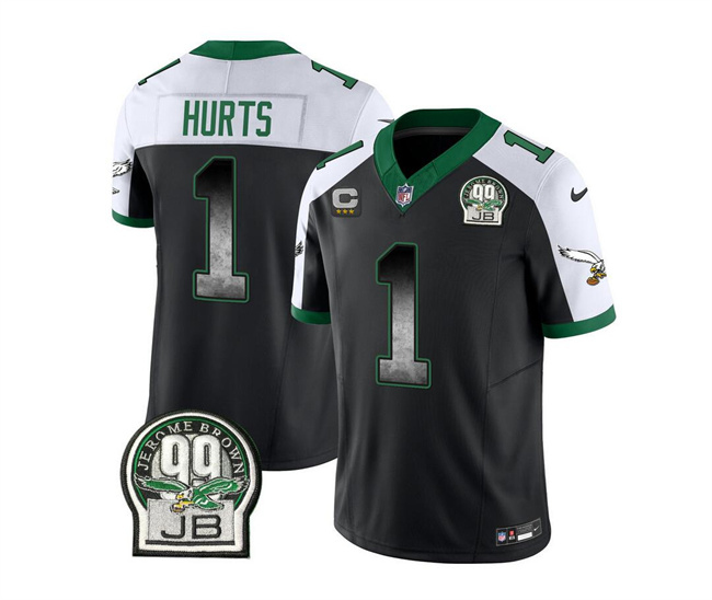 Personalized Men’s Philadelphia Eagles #1 Jalen Hurts Black White 2023 F.U.S.E. With 3-Star C Patch Throwback Untouchable Limited Stitched Football Jersey