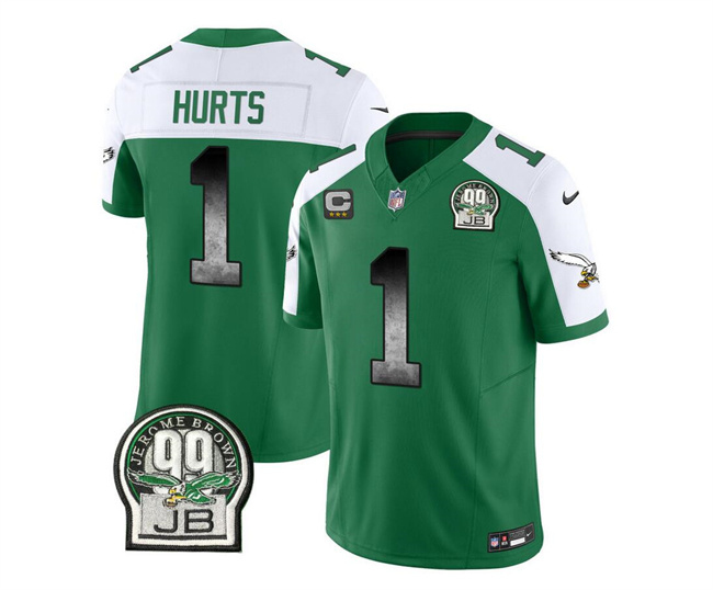 Personalized Men’s Philadelphia Eagles #1 Jalen Hurts Green White 2023 F.U.S.E. With 3-Star C Patch Throwback Untouchable Limited Stitched Football Jersey
