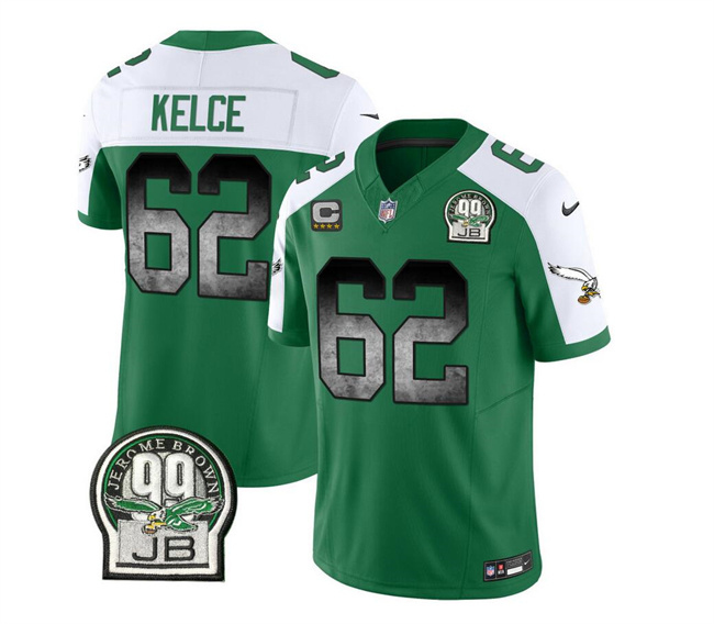 Personalized Men’s Philadelphia Eagles #62 Jason Kelce Green White 2023 F.U.S.E. With 4-Star C Patch Throwback Untouchable Limited Stitched Football Jersey