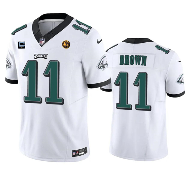 Personalized Men’s Philadelphia Eagles #11 A. J. Brown White 2023 F.U.S.E. With 1-Star C Patch And John Madden Patch Limited Stitched Football Jersey