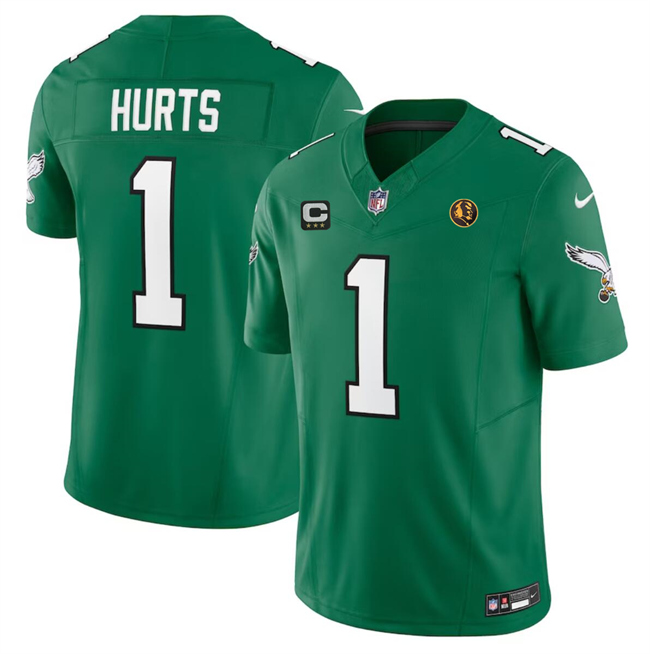 Personalized Men’s Philadelphia Eagles #1 Jalen Hurts Green 2023 F.U.S.E. Throwback With 3-Star C Patch And John Madden Patch Limited Stitched Football Jersey