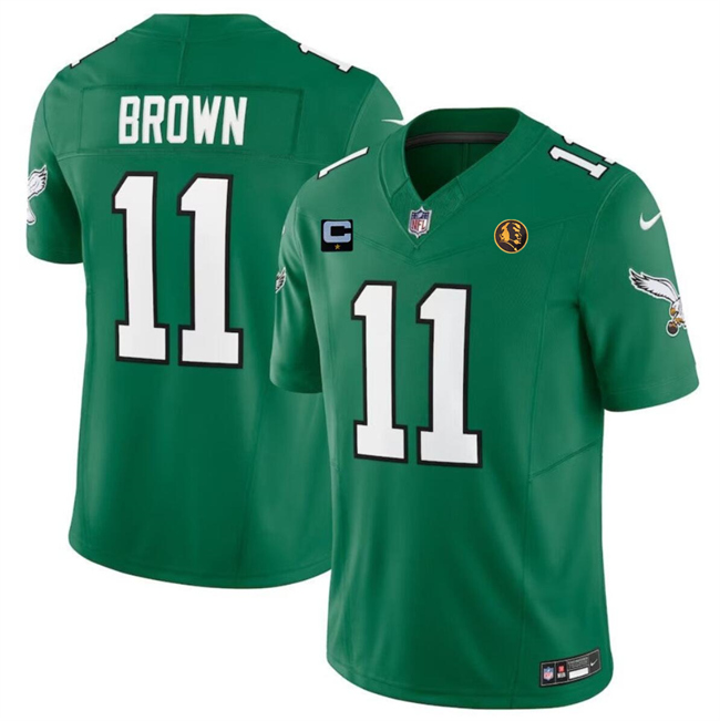 Personalized Men’s Philadelphia Eagles #11 A. J. Brown Green 2023 F.U.S.E. Throwback With 1-Star C Patch And John Madden Patch Limited Stitched Football Jersey