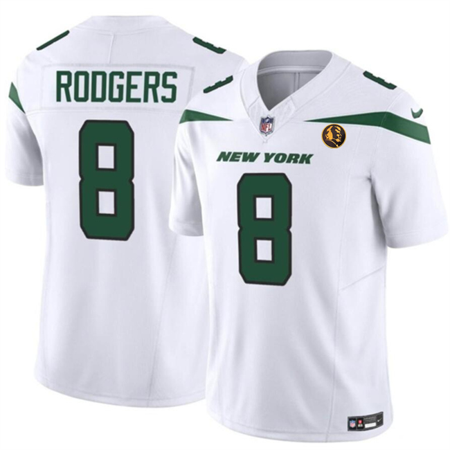 Personalized Men’s New York Jets #8 Aaron Rodgers White 2023 F.U.S.E. With John Madden Patch Limited Stitched Football Jersey