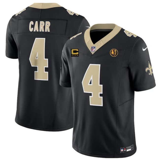 Personalized Men’s New Orleans Saints #4 Derek Carr Black 2023 F.U.S.E. With 4-Star C Patch And John Madden Patch Limited Stitched Football Jersey