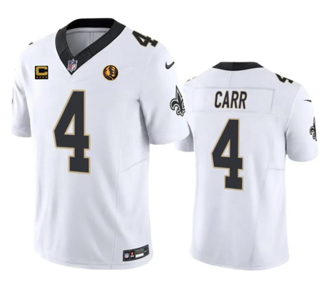 Personalized Men’s New Orleans Saints #4 Derek Carr White 2023 F.U.S.E. With 4-Star C Patch And John Madden Patch Limited Stitched Football Jersey