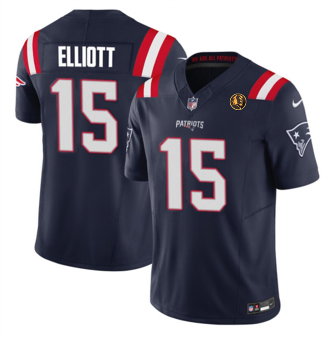 Personalized Men’s New England Patriots #15 Ezekiel Elliott Navy 2023 F.U.S.E. With John Madden Patch Limited Stitched Football Jersey