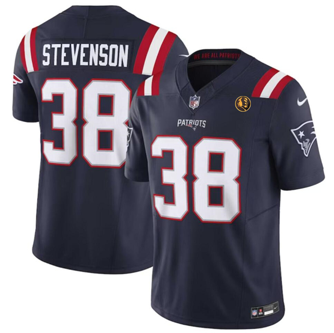 Personalized Men’s New England Patriots #38 Rhamondre Stevenson Navy 2023 F.U.S.E. With John Madden Patch Limited Stitched Football Jersey