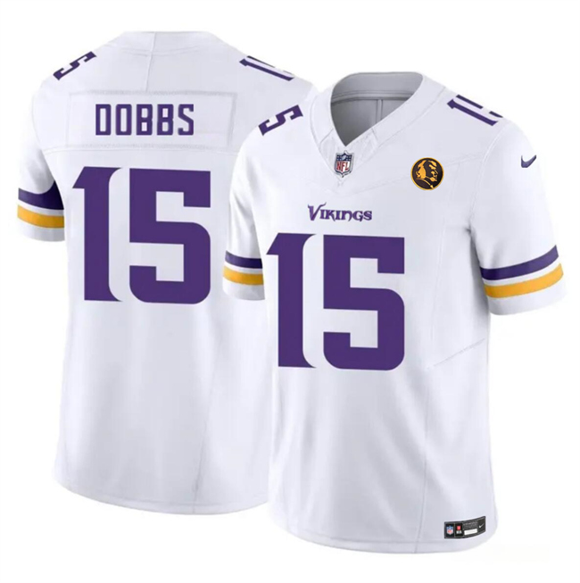 Personalized Men’s Minnesota Vikings #15 Josh Dobbs Purple White 2023 F.U.S.E. With John Madden Patch Limited Stitched Football Jersey