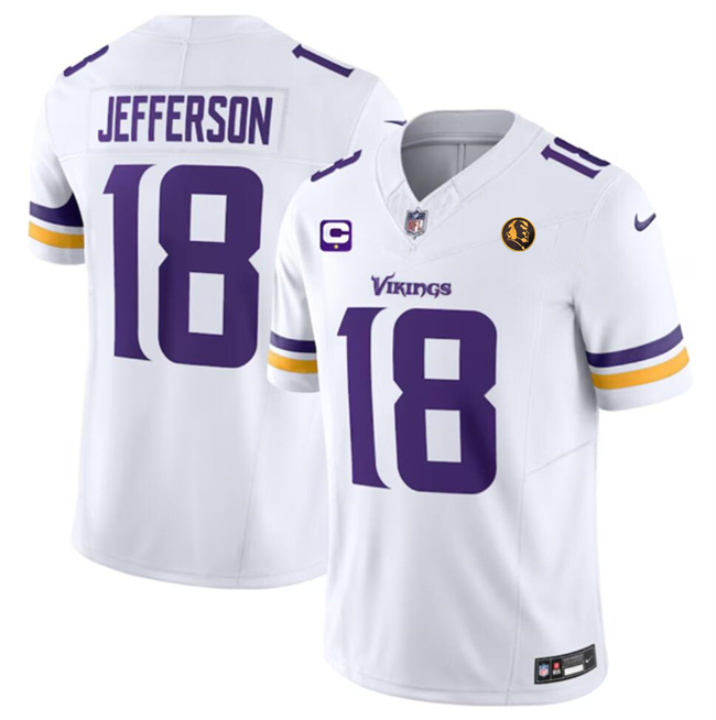 Personalized Men’s Minnesota Vikings #18 Justin Jefferson White 2023 F.U.S.E. With 1-Star C Patch And John Madden Patch Limited Stitched Football Jersey