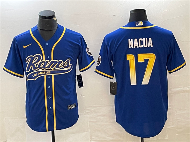 Personalized Men’s Los Angeles Rams #17 Baker Mayfield Royal Cool Base Stitched Baseball Jersey