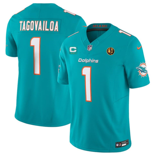 Personalized Men’s Miami Dolphins #1 Tua Tagovailoa Aqua 2023 F.U.S.E. With 2-Star C Patch And John Madden Patch Limited Stitched Football Jersey